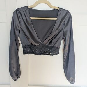 Fashion Nova Black Satin Long Sleeve Crop Top Size Medium